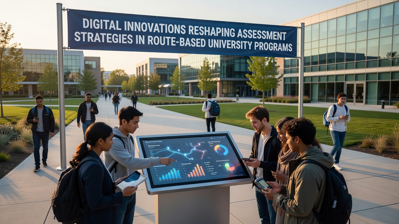 University faculty reviewing real-time assessment analytics from route-based program dashboards